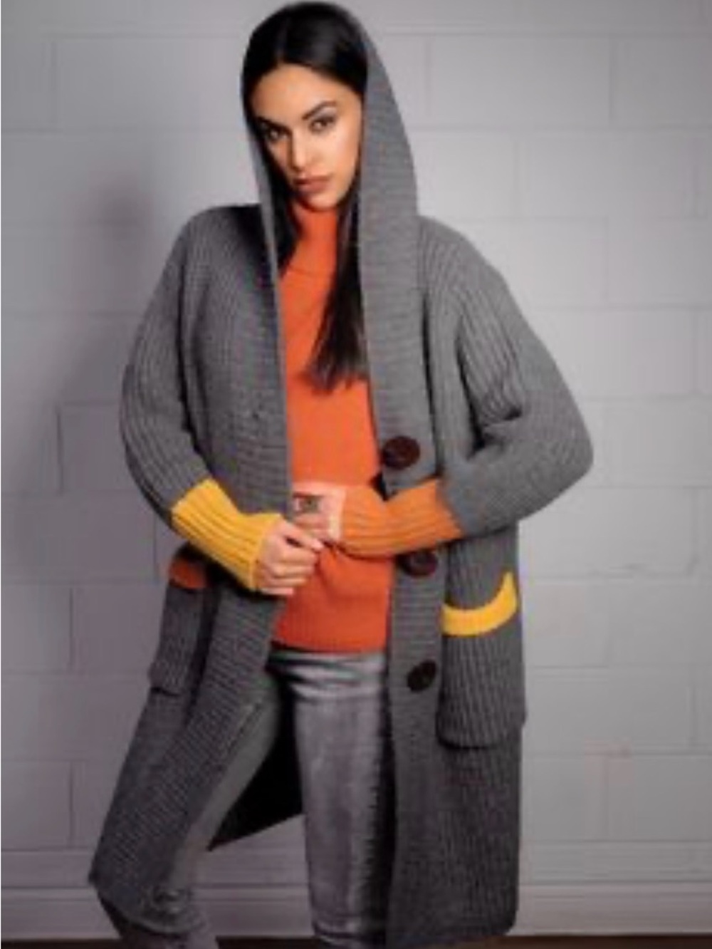 Elena Wang Sz S Long Hooded Ribbed Oversized Cardigan Grey Orange and Yellow
